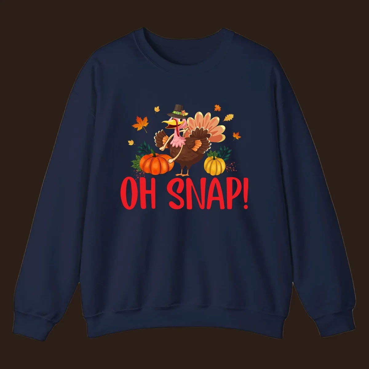 Funny Thanksgiving turkey illustration with text 'OH SNAP!' and pumpkins.