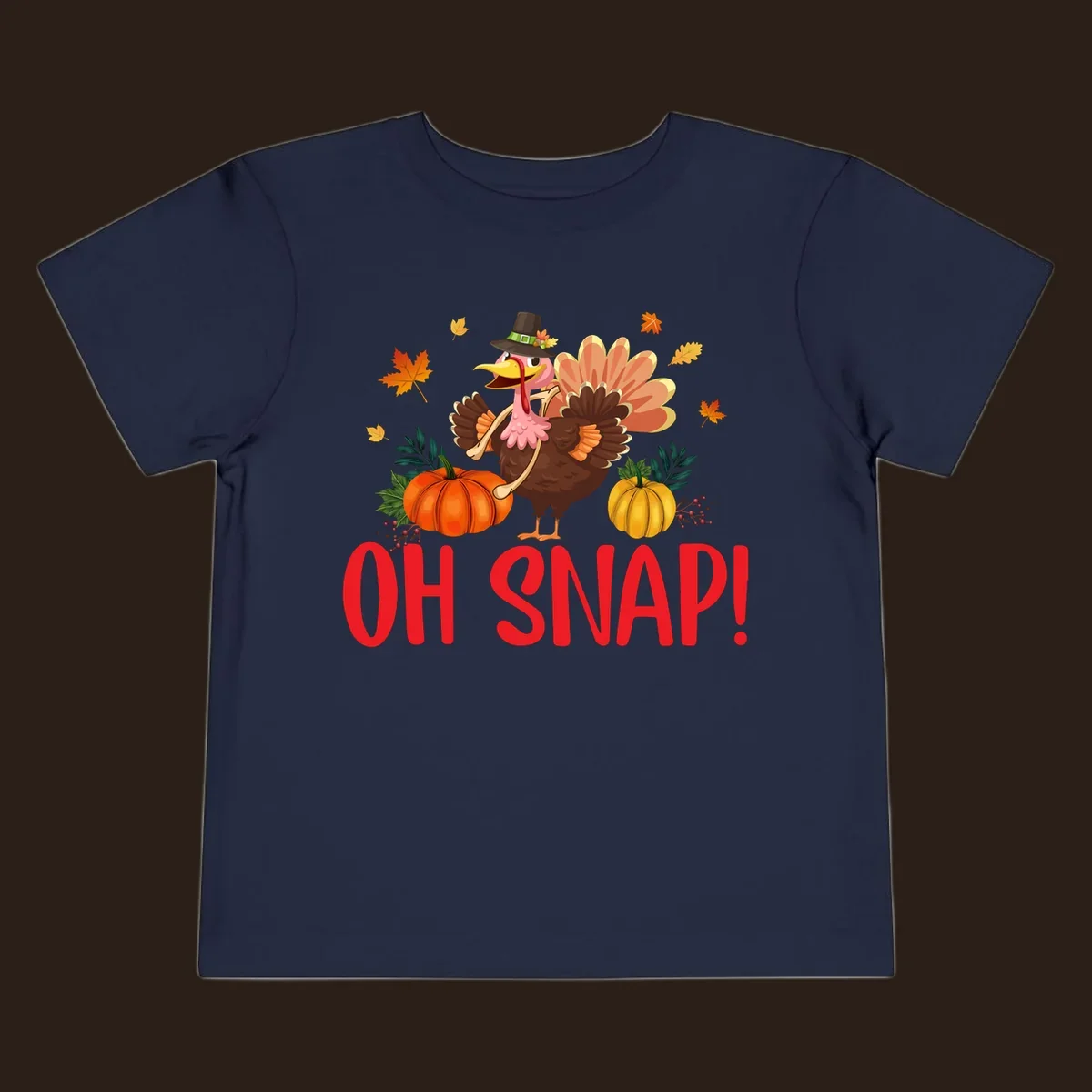 Funny Thanksgiving turkey illustration with text 'OH SNAP!' and pumpkins.