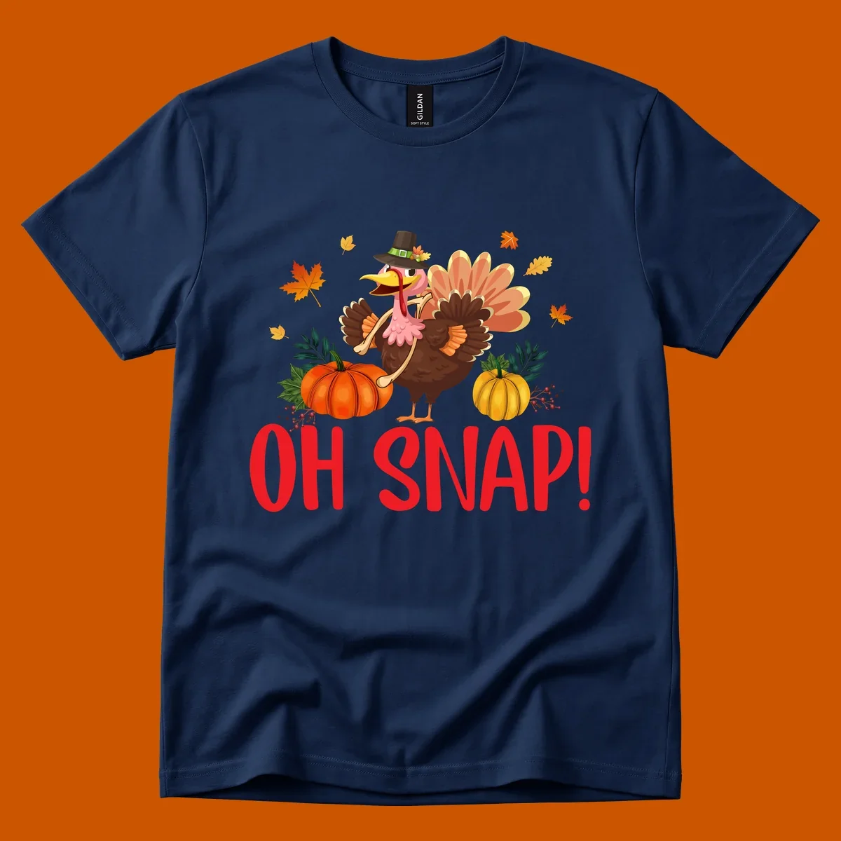 Funny Thanksgiving turkey illustration with text 'OH SNAP!' and pumpkins.