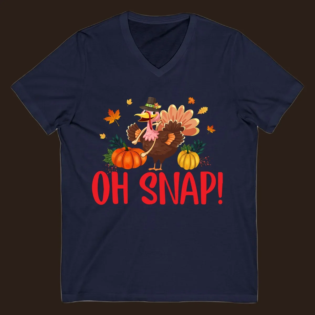 Funny Thanksgiving turkey illustration with text 'OH SNAP!' and pumpkins.
