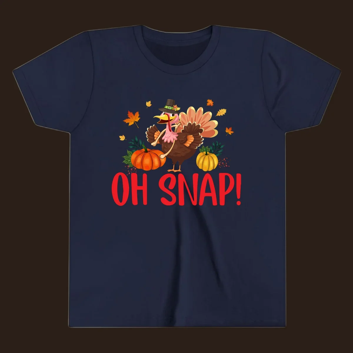 Funny Thanksgiving turkey illustration with text 'OH SNAP!' and pumpkins.