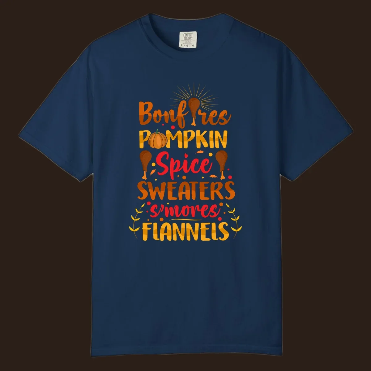 Fall cozy list bonfires pumpkin spice sweaters s'mores flannels text design with illustrations.