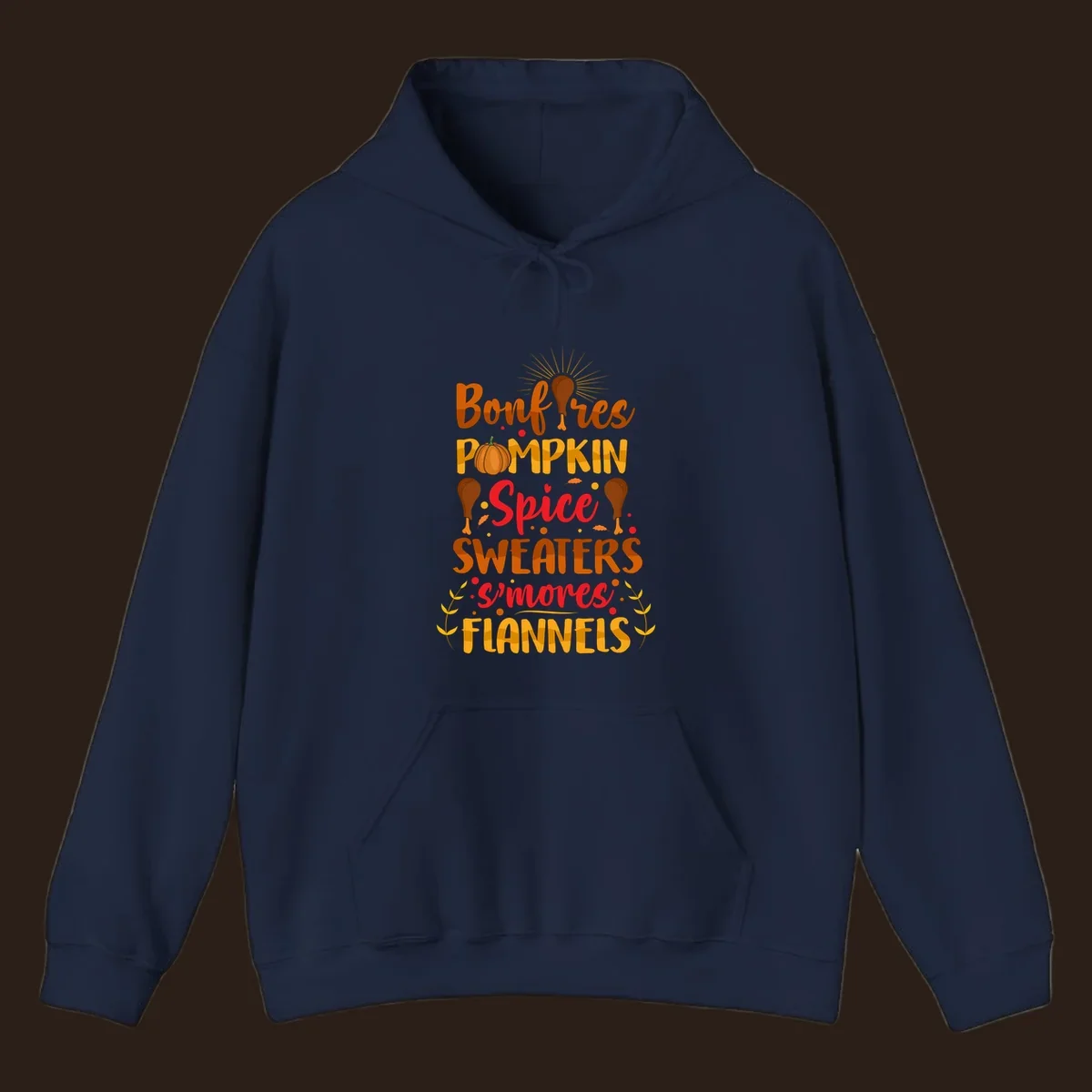 Fall cozy list bonfires pumpkin spice sweaters s'mores flannels text design with illustrations.