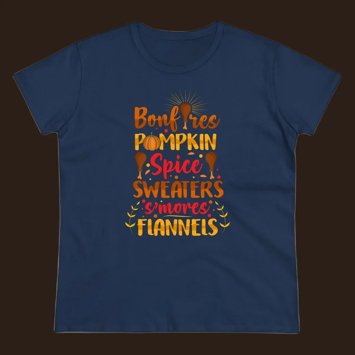 Fall cozy list bonfires pumpkin spice sweaters s'mores flannels text design with illustrations.
