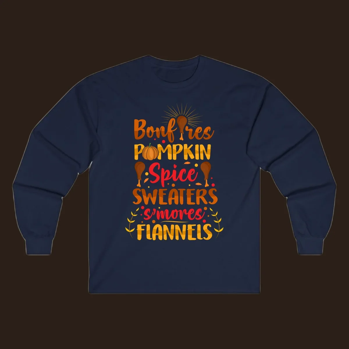 Fall cozy list bonfires pumpkin spice sweaters s'mores flannels text design with illustrations.