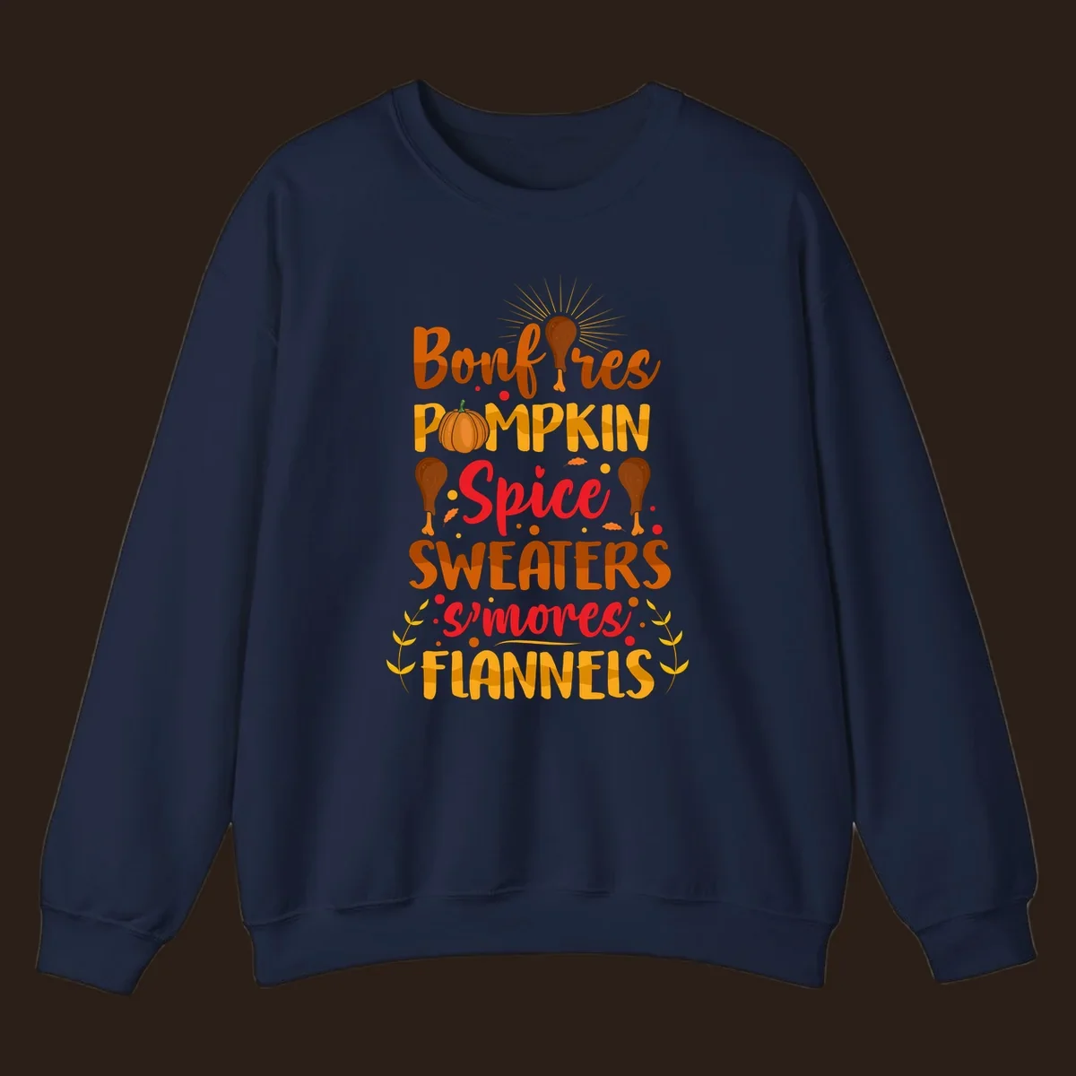 Fall cozy list bonfires pumpkin spice sweaters s'mores flannels text design with illustrations.