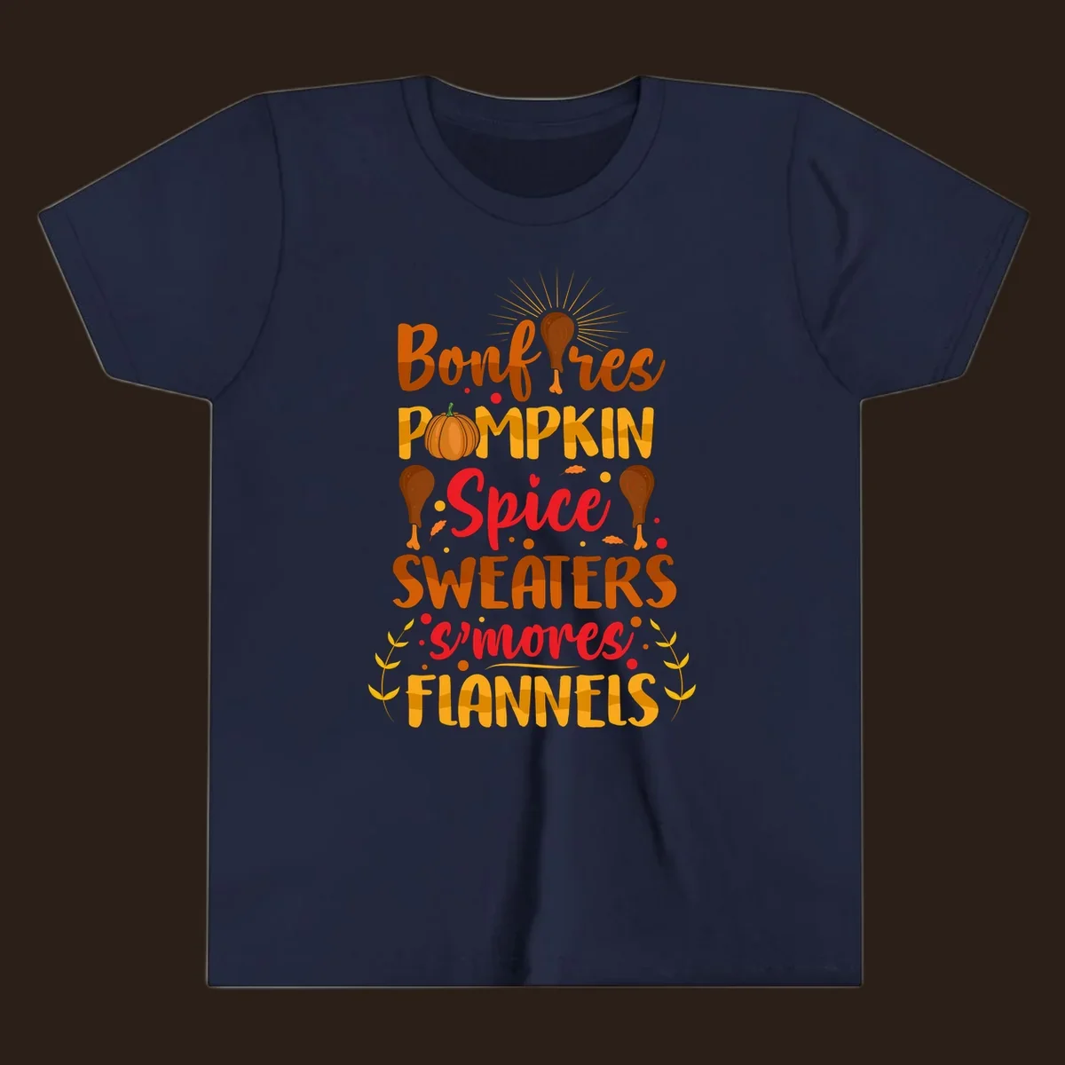 Fall cozy list bonfires pumpkin spice sweaters s'mores flannels text design with illustrations.