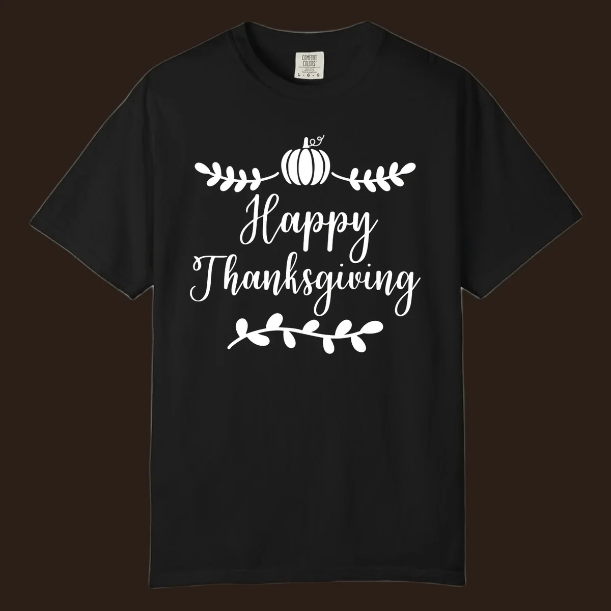 Happy Thanksgiving script text with pumpkin and leaves graphic