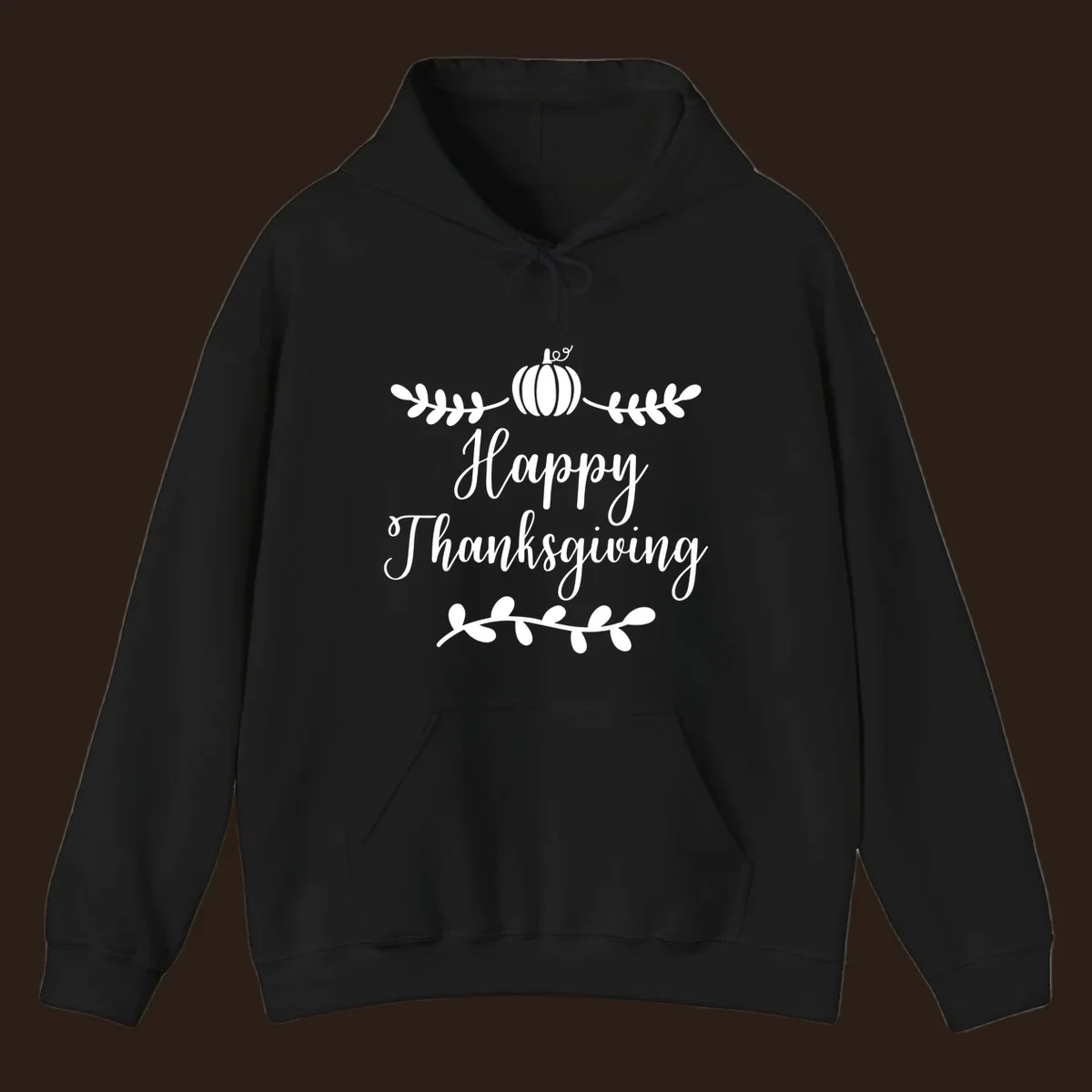 Happy Thanksgiving script text with pumpkin and leaves graphic