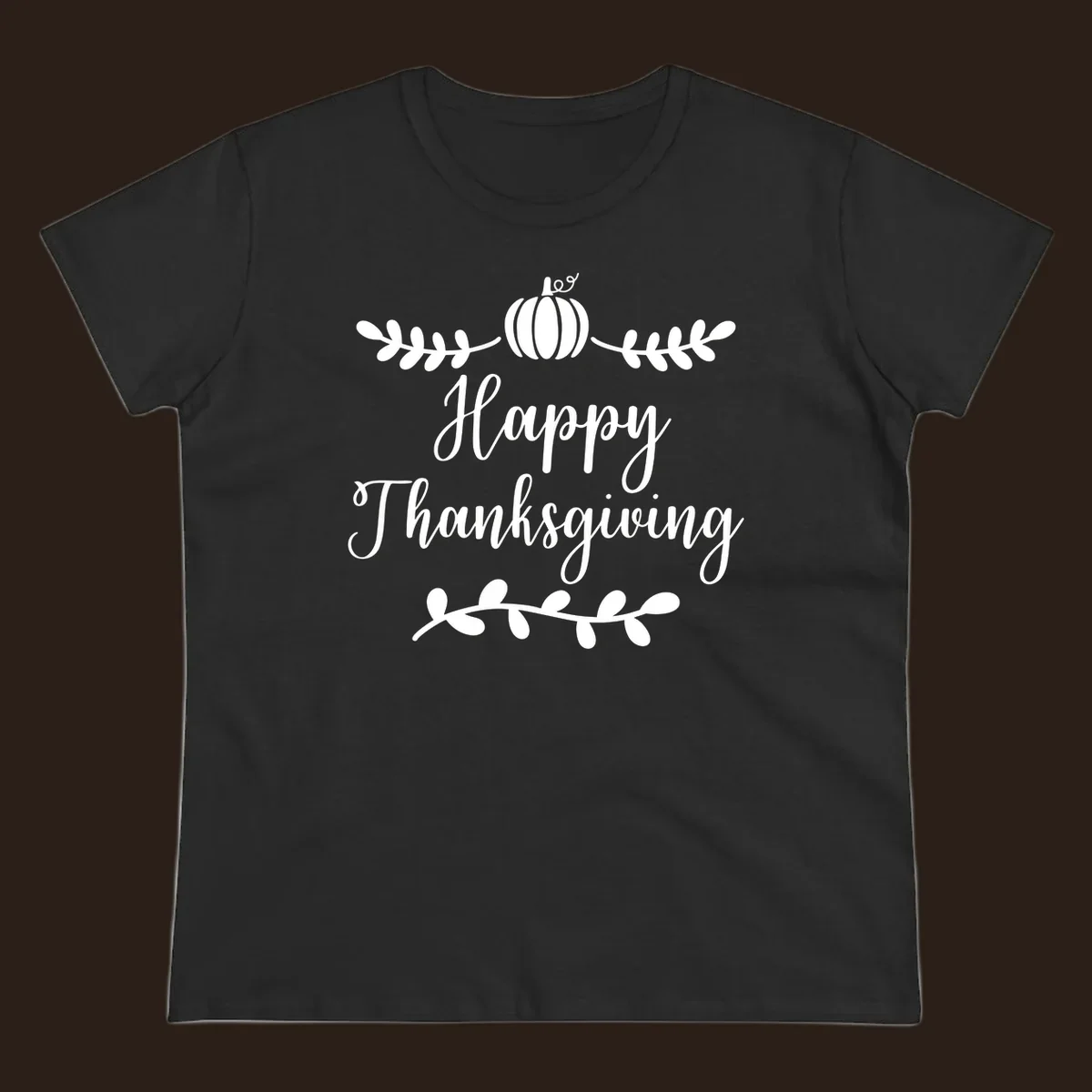 Happy Thanksgiving script text with pumpkin and leaves graphic