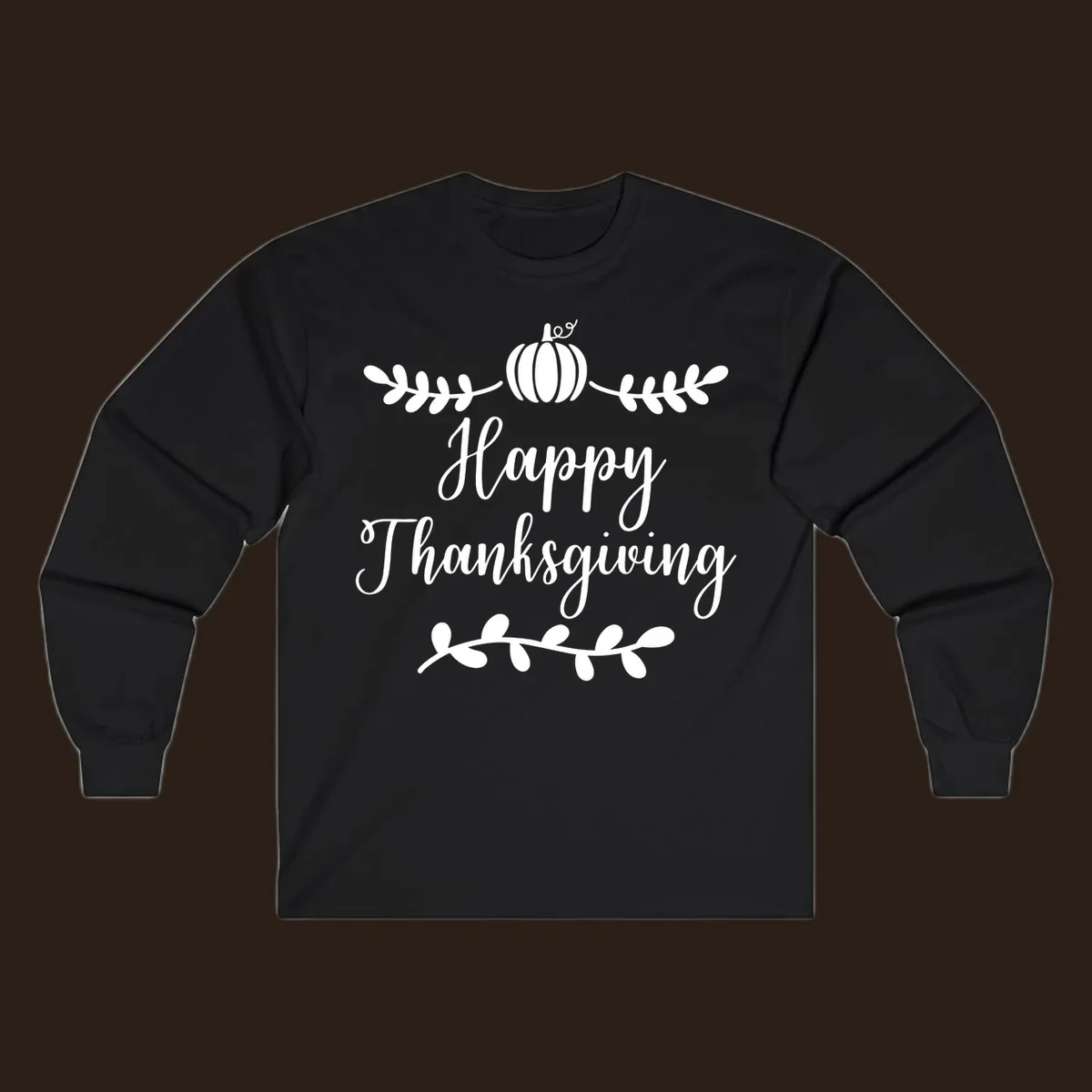 Happy Thanksgiving script text with pumpkin and leaves graphic