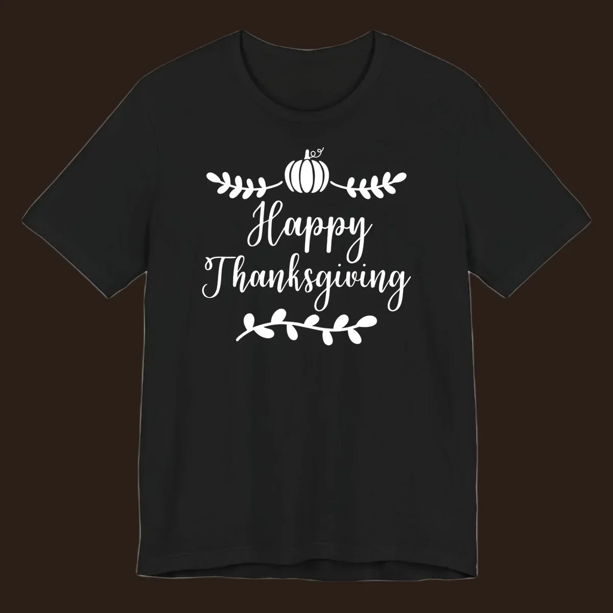 Happy Thanksgiving script text with pumpkin and leaves graphic