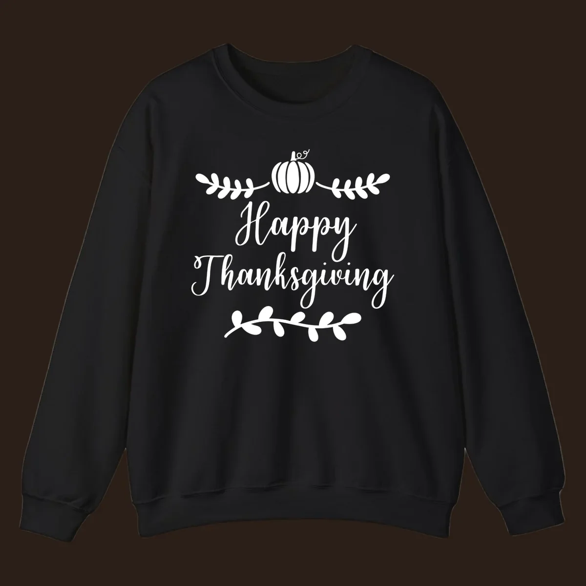 Happy Thanksgiving script text with pumpkin and leaves graphic
