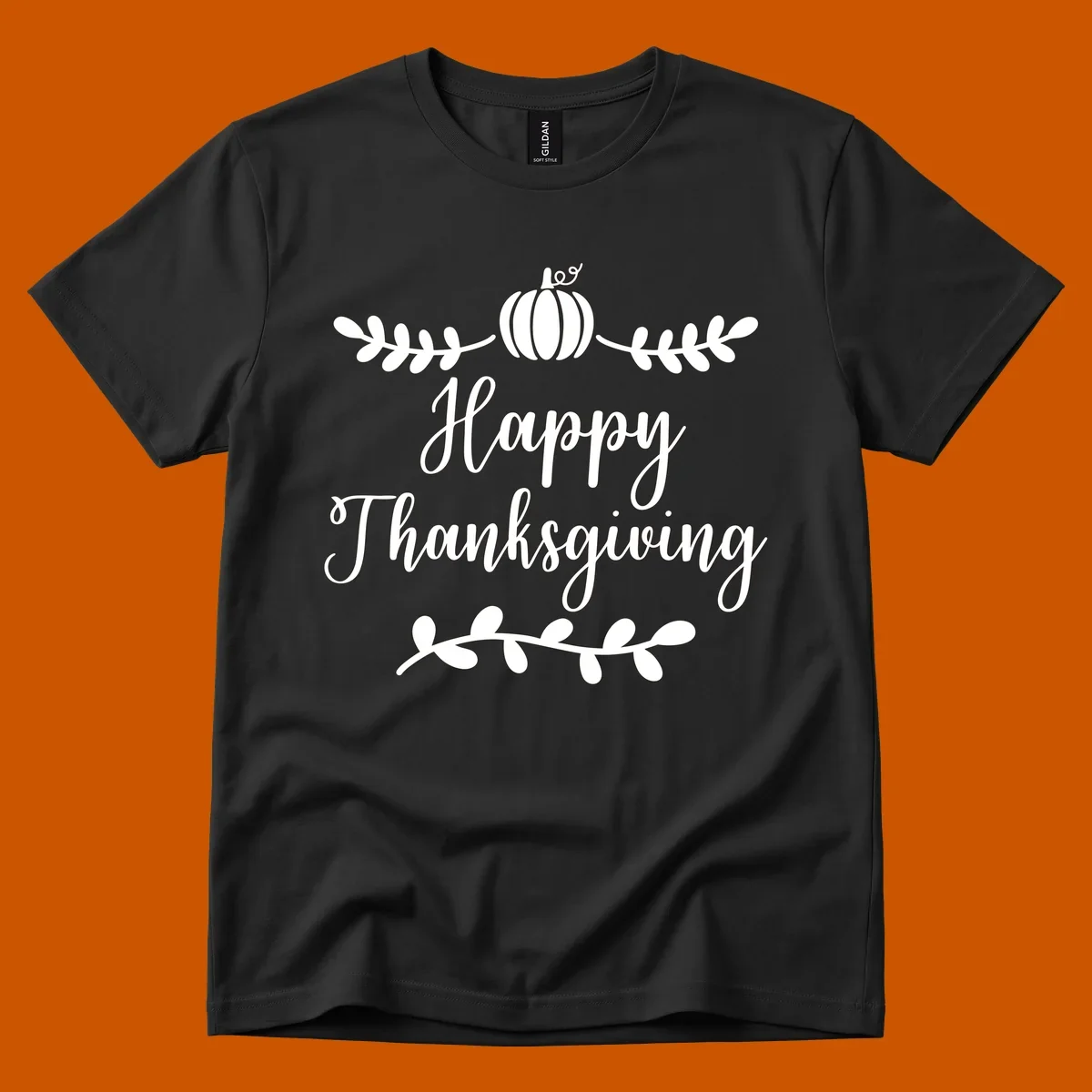 Happy Thanksgiving script text with pumpkin and leaves graphic