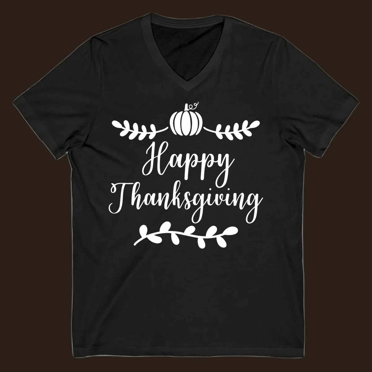Happy Thanksgiving script text with pumpkin and leaves graphic