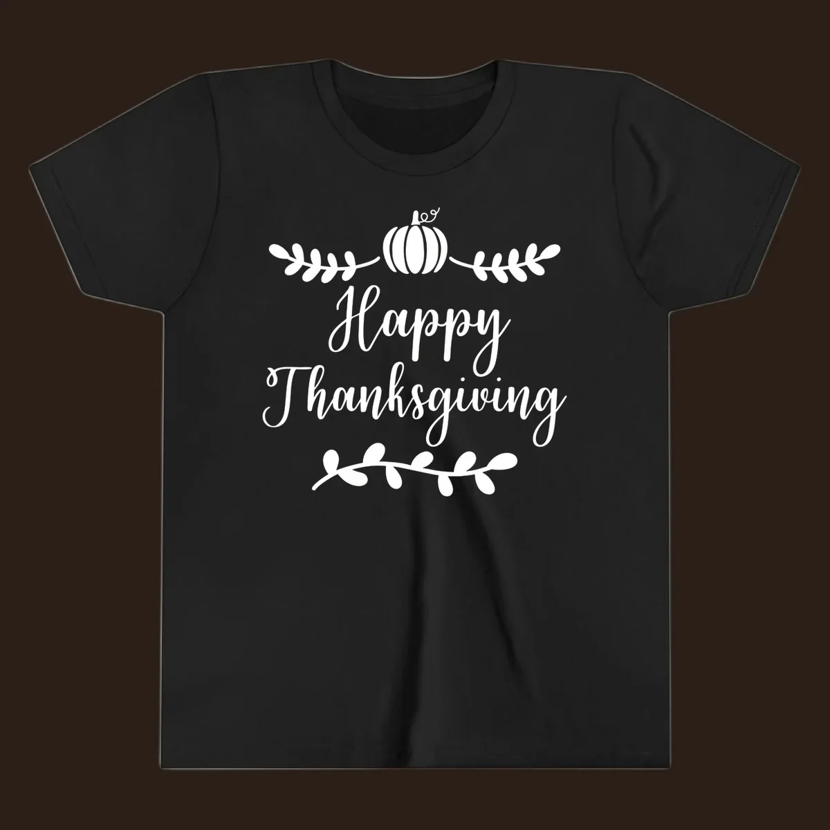 Happy Thanksgiving script text with pumpkin and leaves graphic