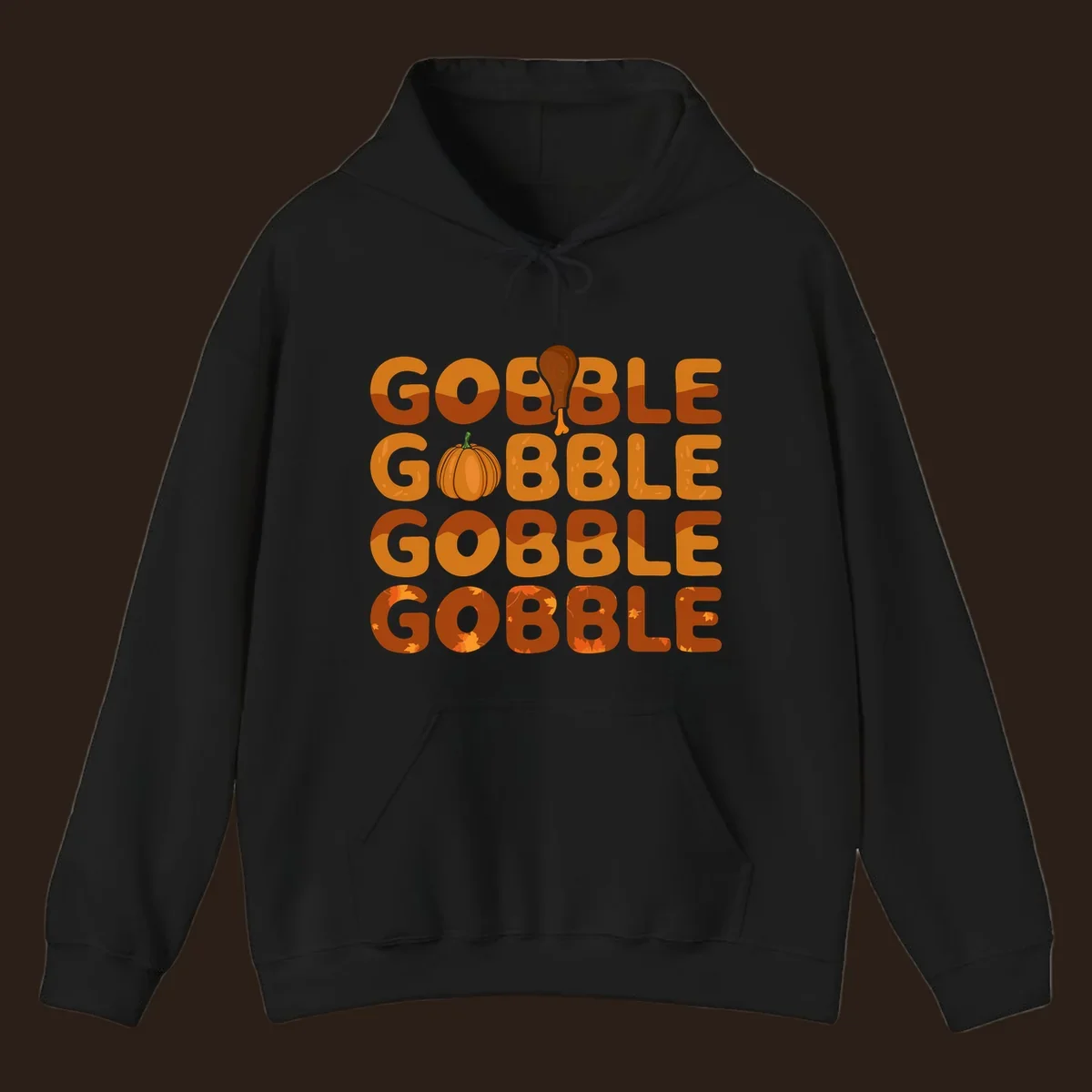 Gobble Gobble Thanksgiving text with pumpkin and turkey leg graphic
