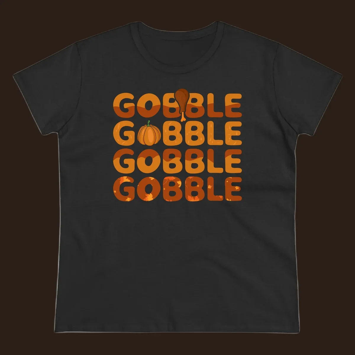 Gobble Gobble Thanksgiving text with pumpkin and turkey leg graphic