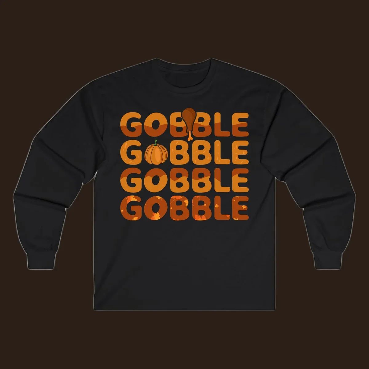 Gobble Gobble Thanksgiving text with pumpkin and turkey leg graphic