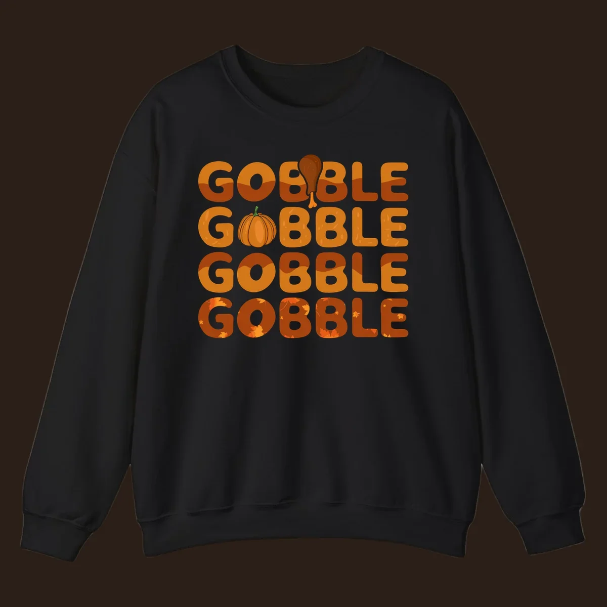 Gobble Gobble Thanksgiving text with pumpkin and turkey leg graphic