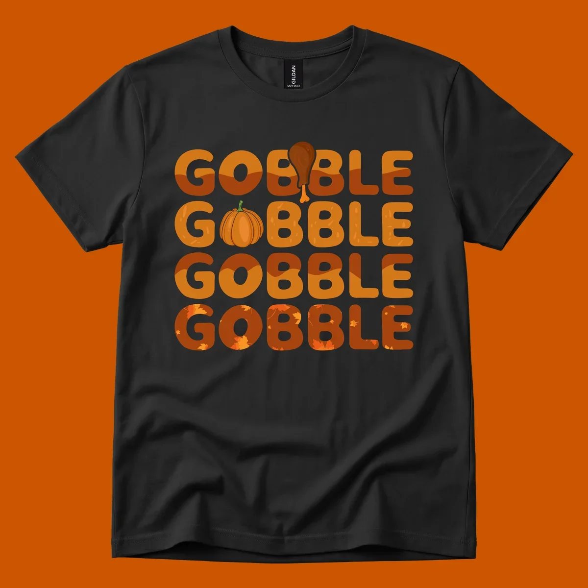 Gobble Gobble Thanksgiving text with pumpkin and turkey leg graphic
