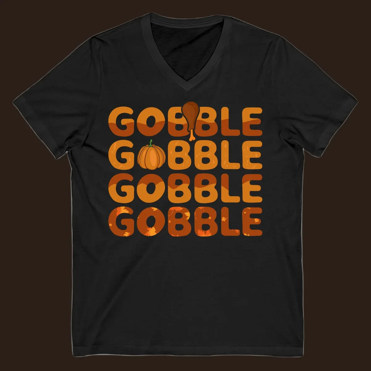Gobble Gobble Thanksgiving text with pumpkin and turkey leg graphic