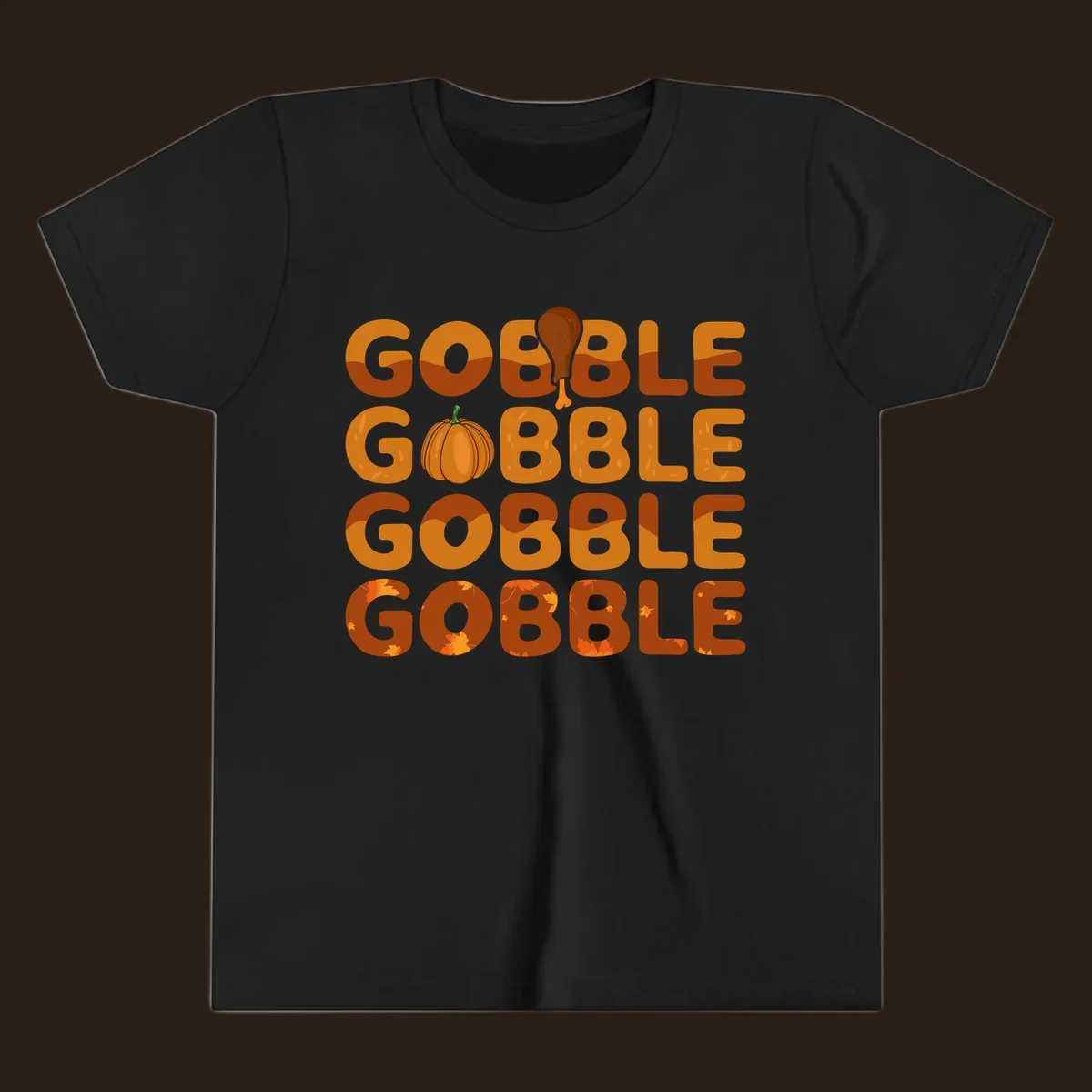 Gobble Gobble Thanksgiving text with pumpkin and turkey leg graphic