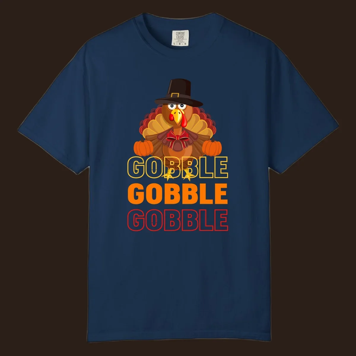Gobble Gobble Thanksgiving Turkey illustration with pumpkins and repeated text. Thanksgiving apparel.