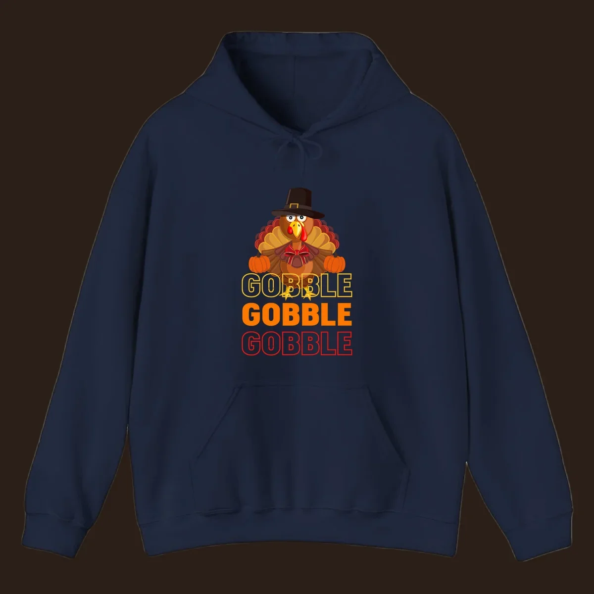 Gobble Gobble Thanksgiving Turkey illustration with pumpkins and repeated text. Thanksgiving apparel.