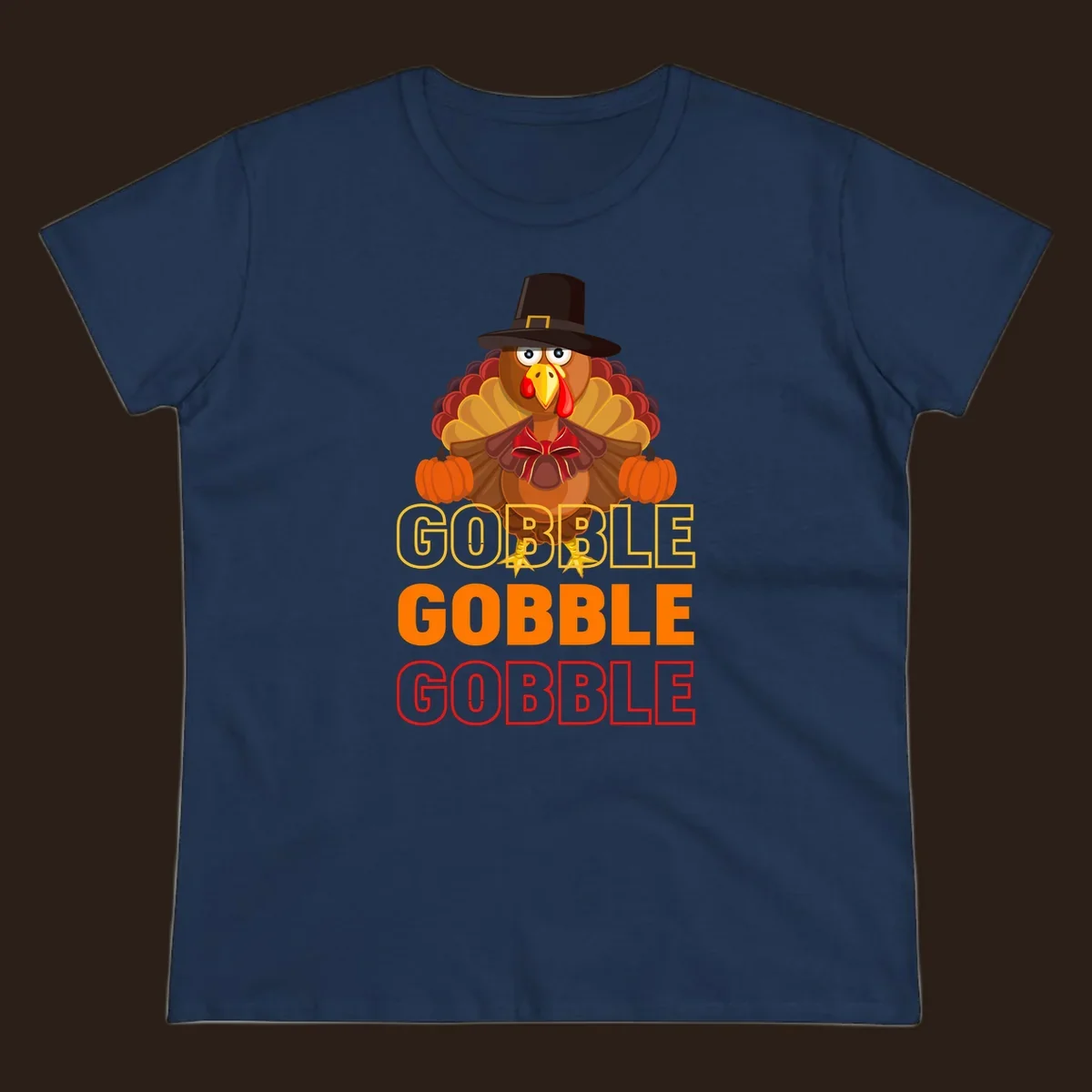 Gobble Gobble Thanksgiving Turkey illustration with pumpkins and repeated text. Thanksgiving apparel.