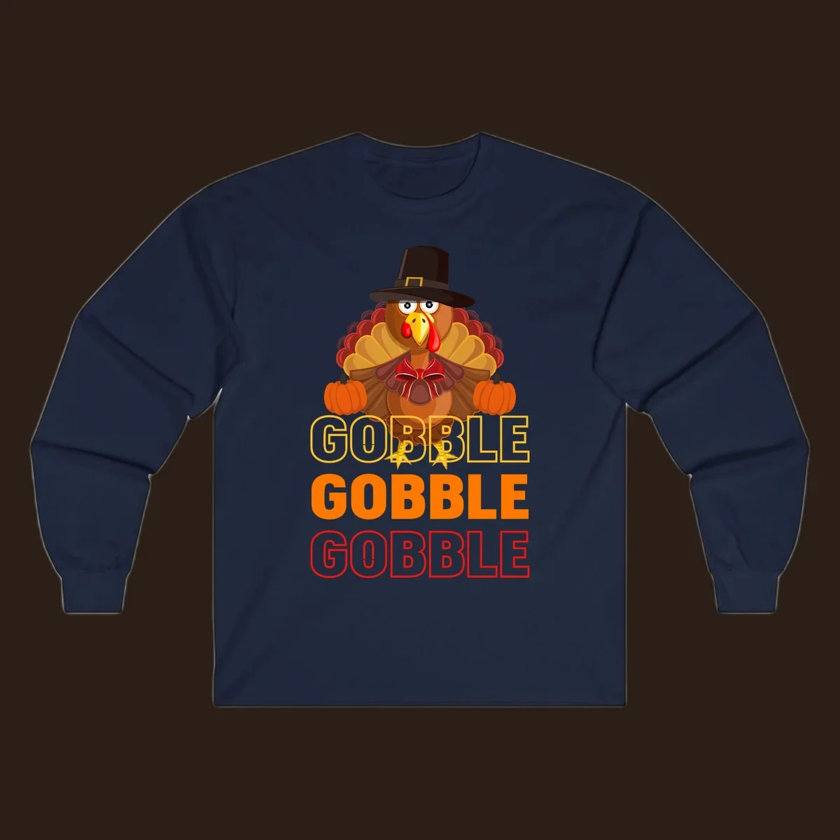 Gobble Gobble Thanksgiving Turkey illustration with pumpkins and repeated text. Thanksgiving apparel.