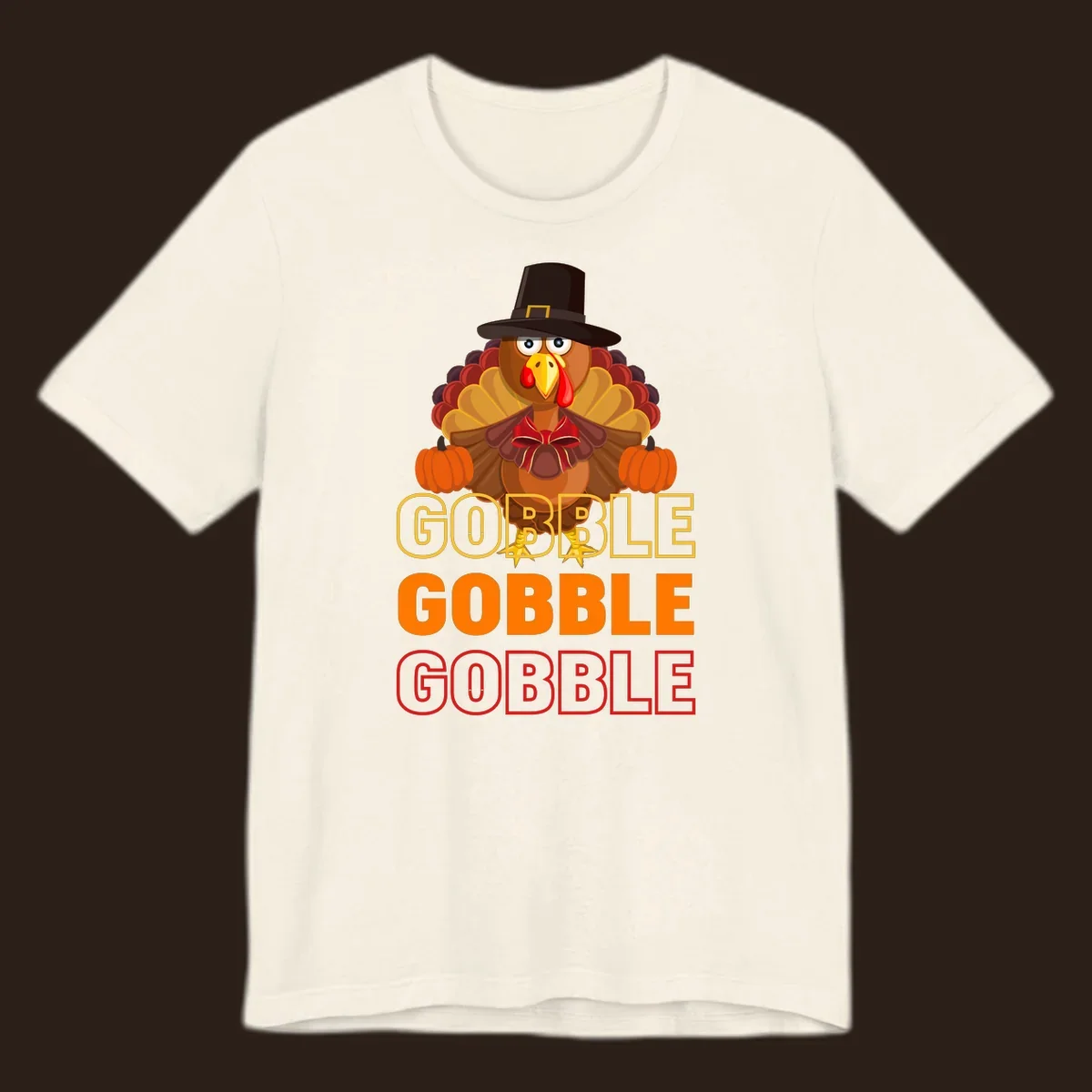 Gobble Gobble Thanksgiving Turkey illustration with pumpkins and repeated text. Thanksgiving apparel.