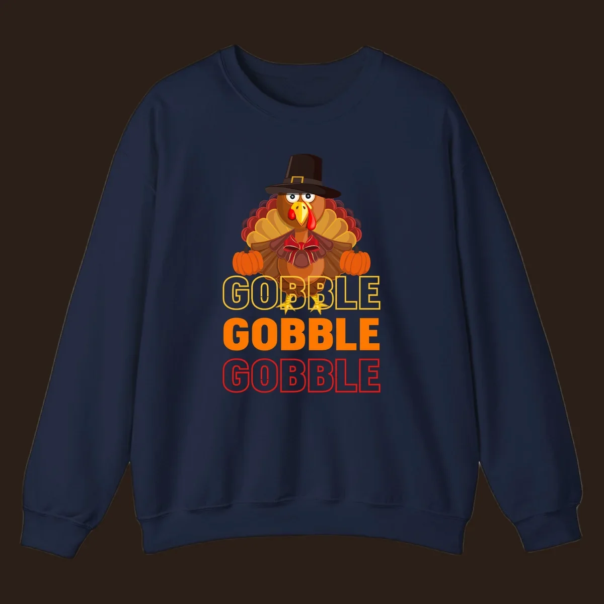 Gobble Gobble Thanksgiving Turkey illustration with pumpkins and repeated text. Thanksgiving apparel.
