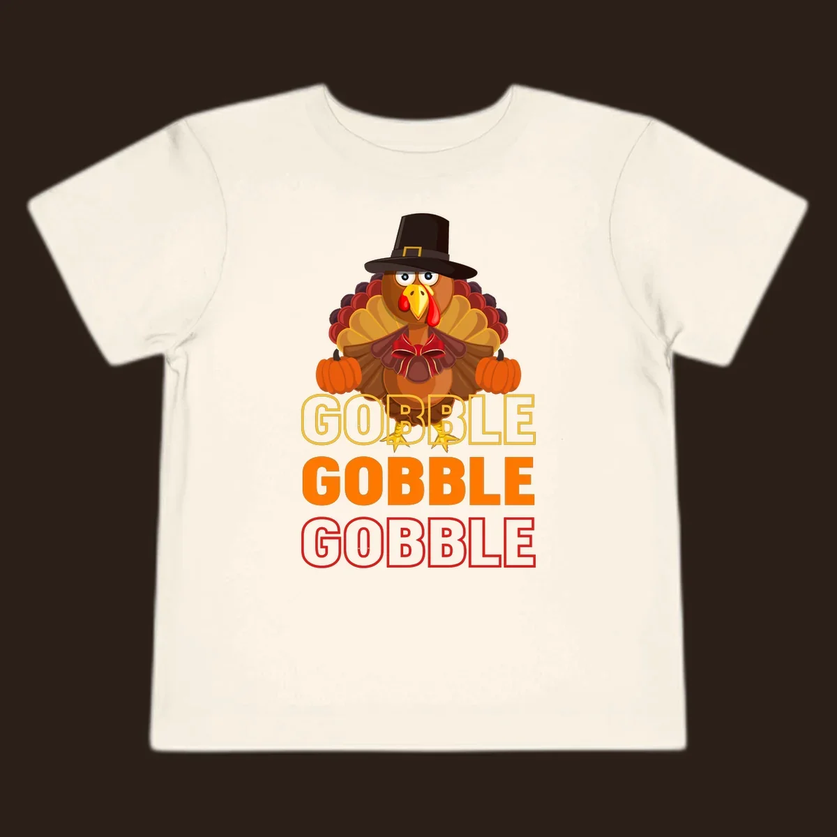 Gobble Gobble Thanksgiving Turkey illustration with pumpkins and repeated text. Thanksgiving apparel.
