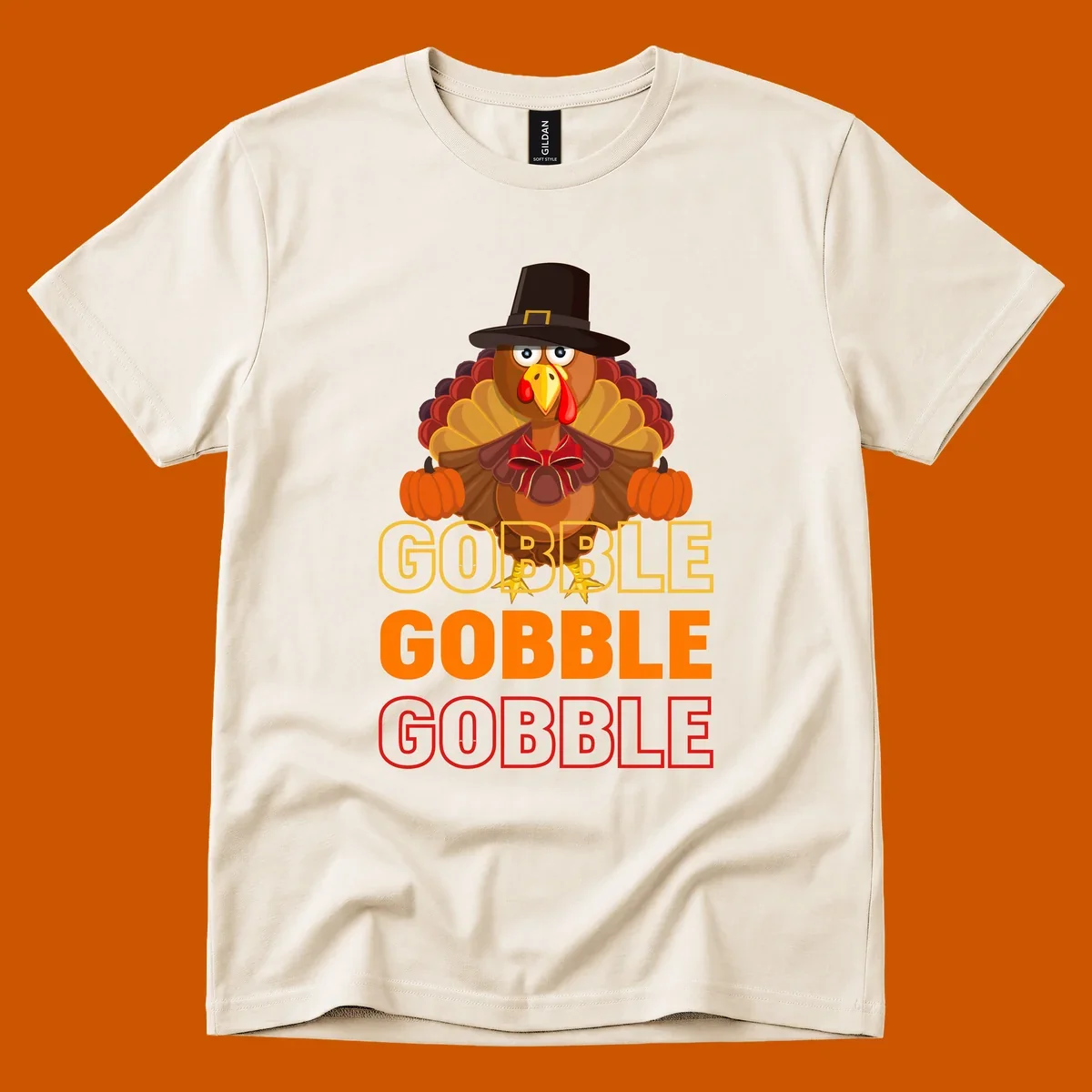 Gobble Gobble Thanksgiving Turkey illustration with pumpkins and repeated text. Thanksgiving apparel.