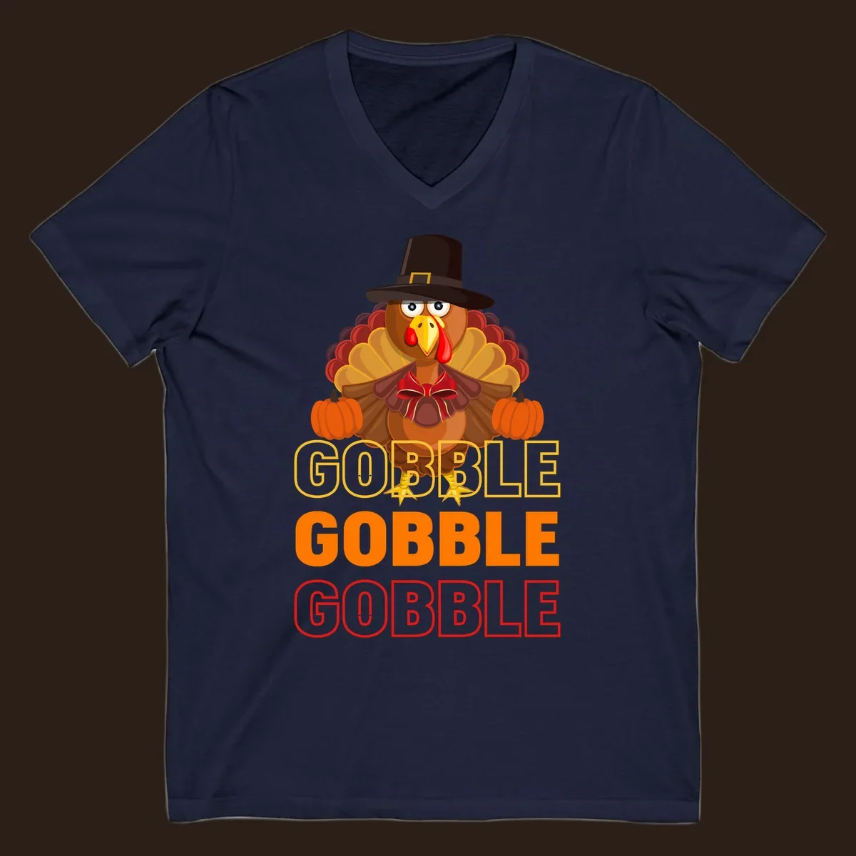 Gobble Gobble Thanksgiving Turkey illustration with pumpkins and repeated text. Thanksgiving apparel.