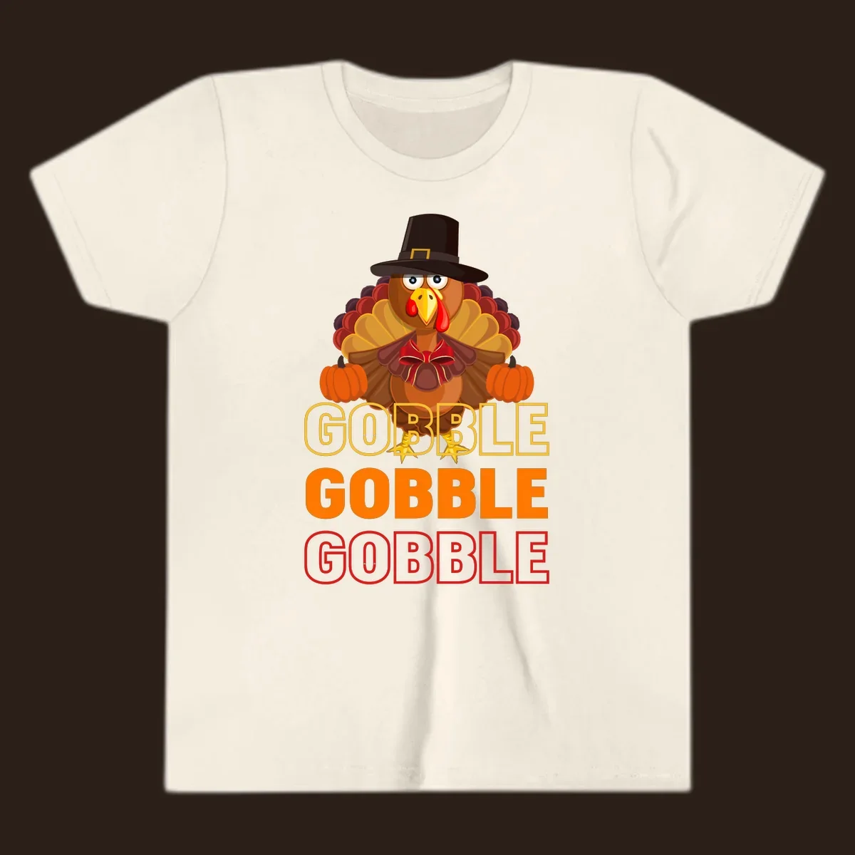 Gobble Gobble Thanksgiving Turkey illustration with pumpkins and repeated text. Thanksgiving apparel.