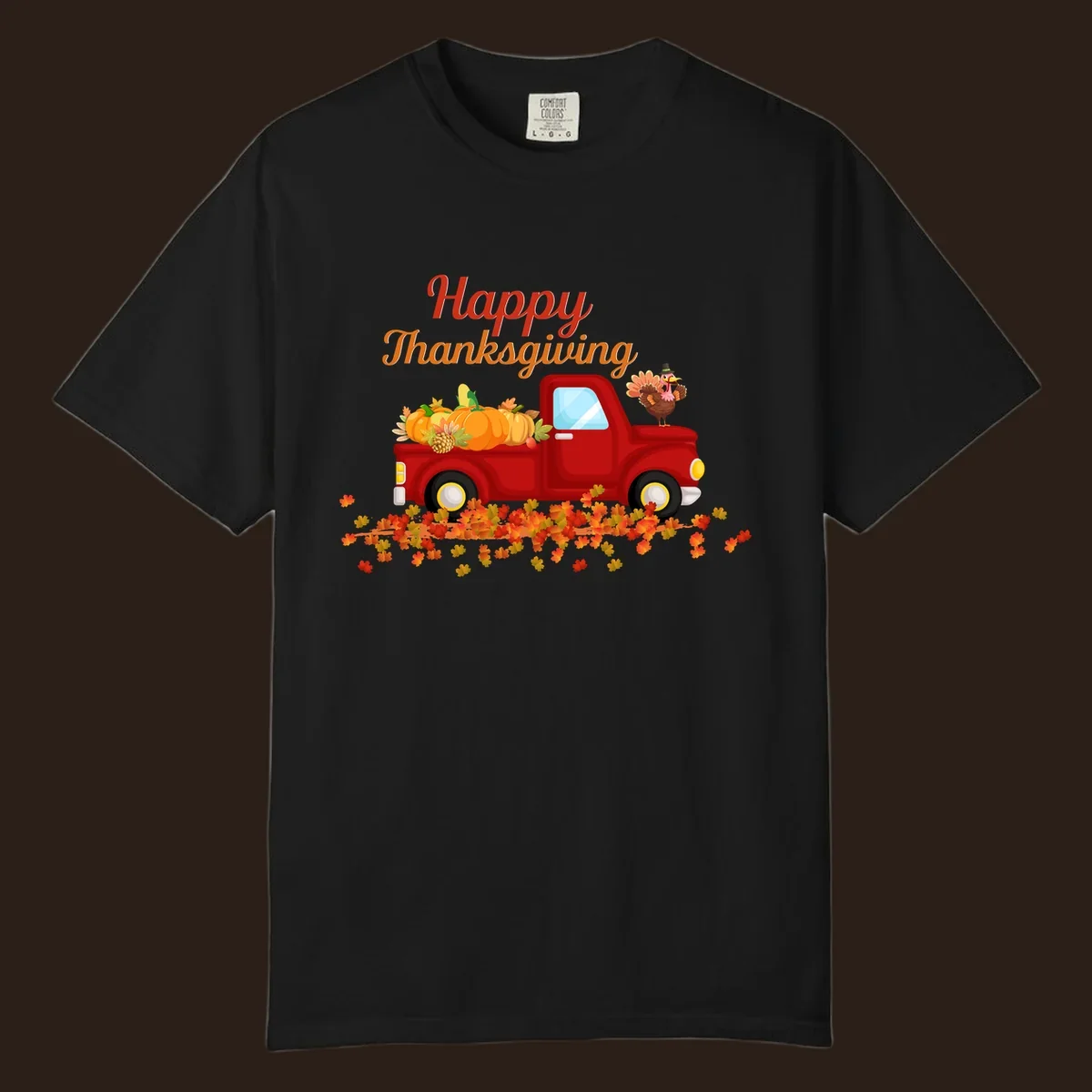 Happy Thanksgiving red truck with pumpkins and turkey