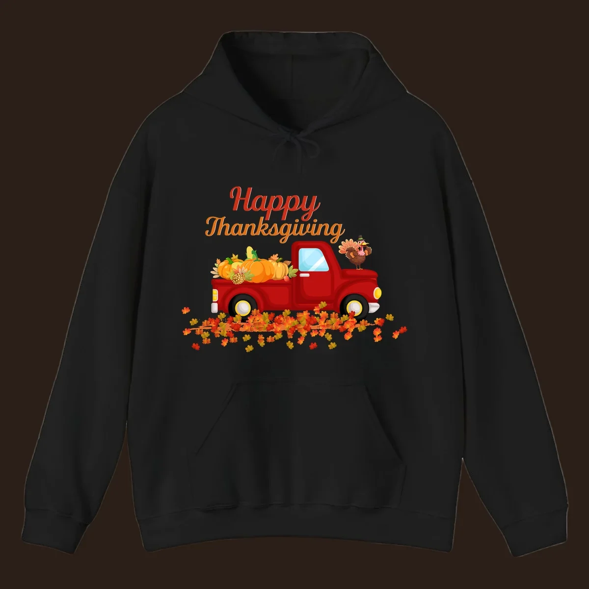 Happy Thanksgiving red truck with pumpkins and turkey