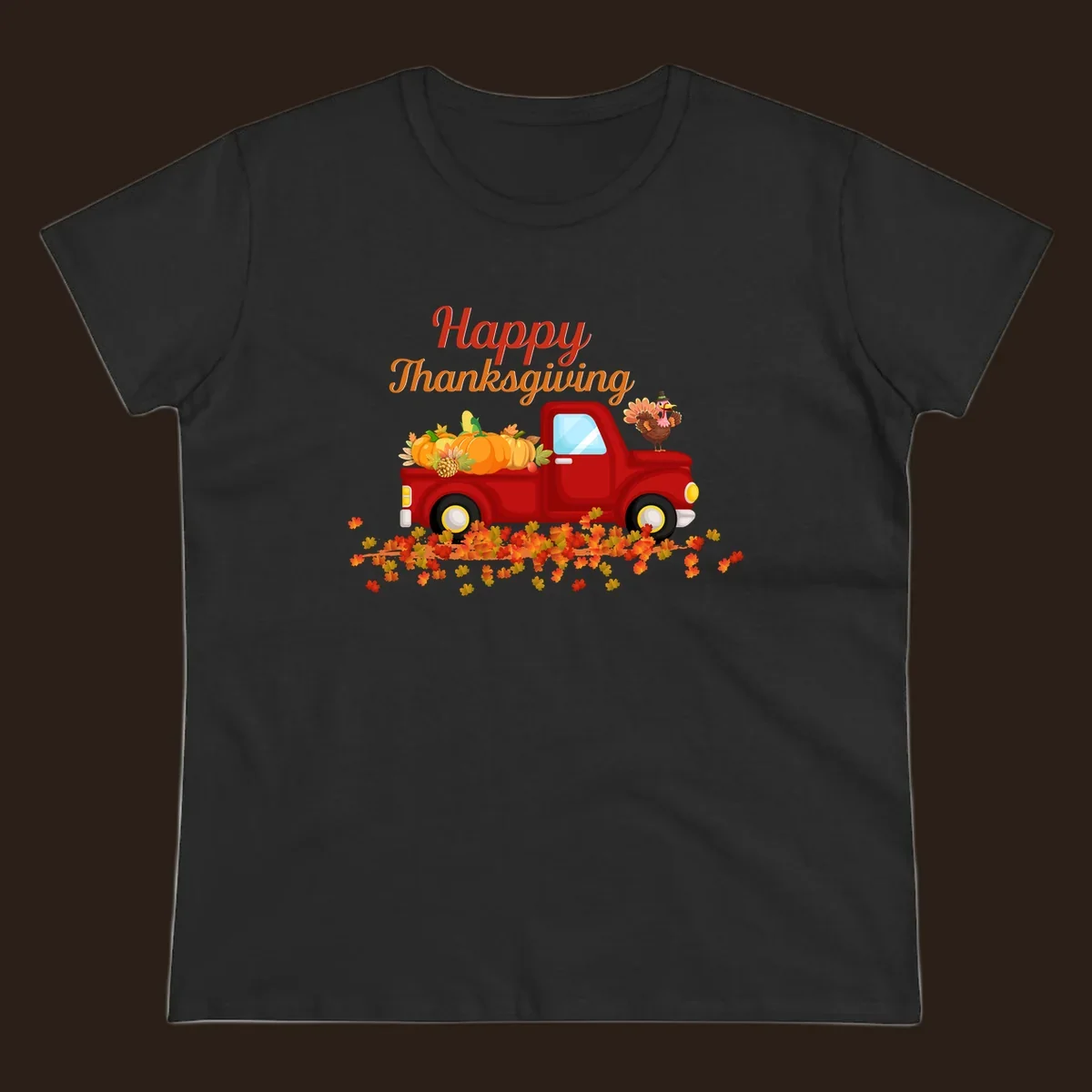 Happy Thanksgiving red truck with pumpkins and turkey