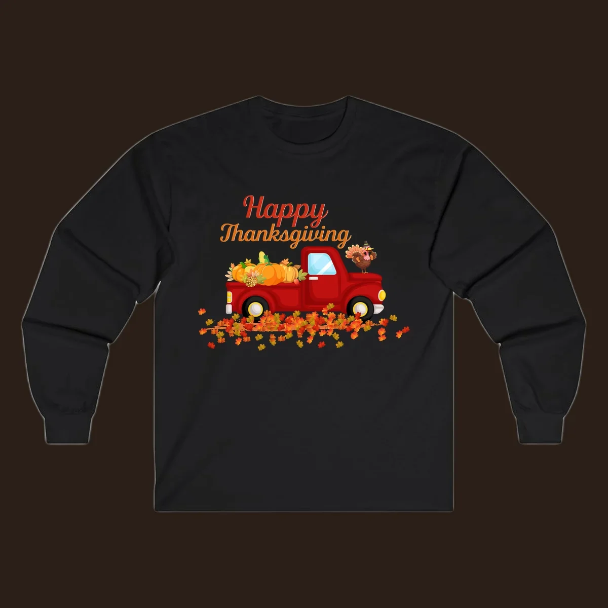 Happy Thanksgiving red truck with pumpkins and turkey