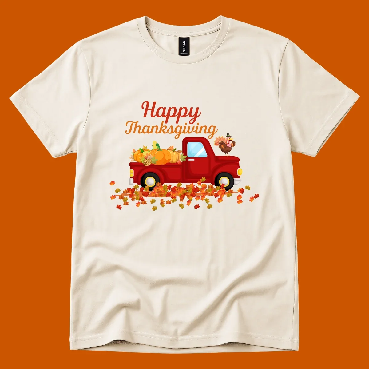 Happy Thanksgiving red truck with pumpkins and turkey