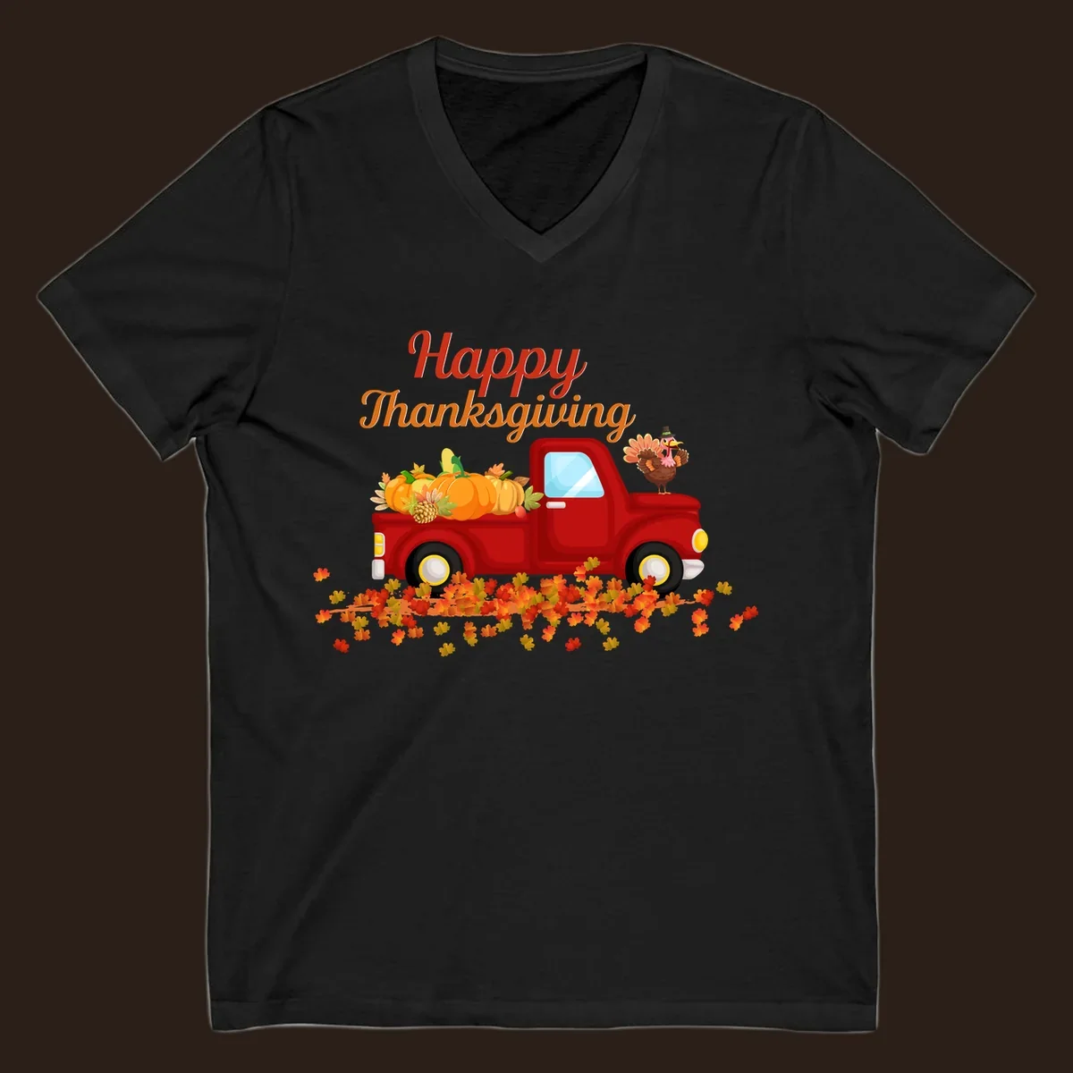 Happy Thanksgiving red truck with pumpkins and turkey