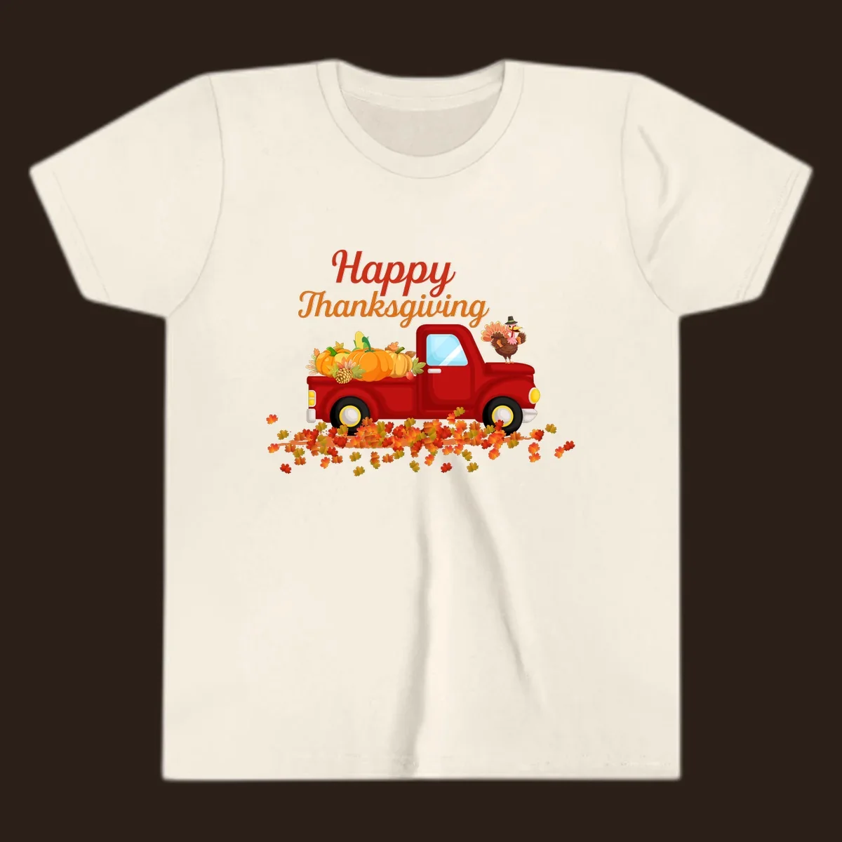 Happy Thanksgiving red truck with pumpkins and turkey