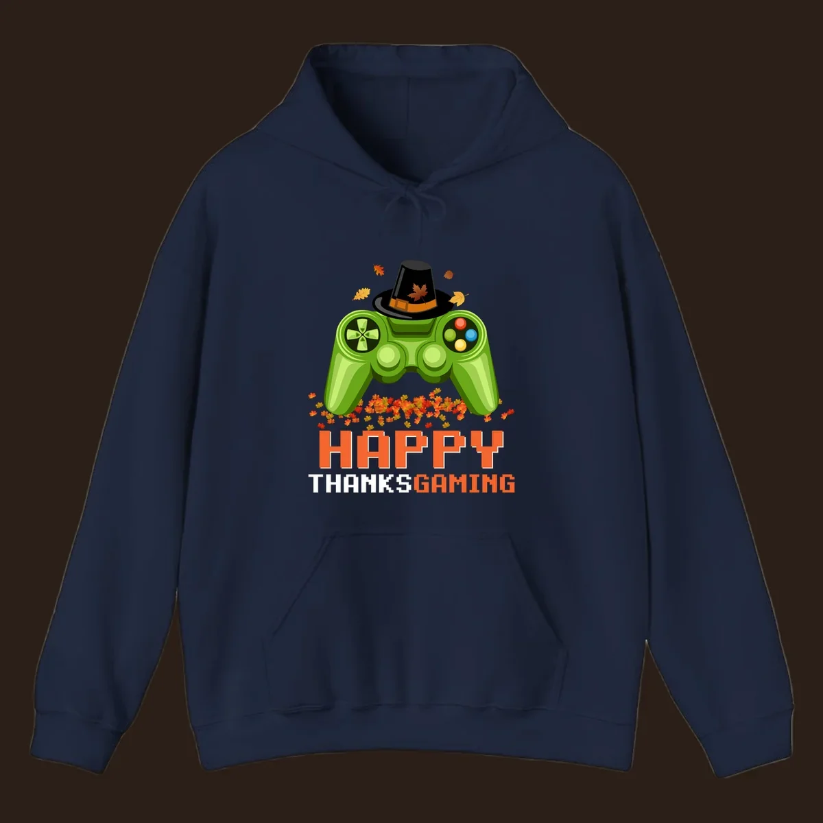 Happy Thanksgaming design with a video game controller, pilgrim hat, and fall leaves.