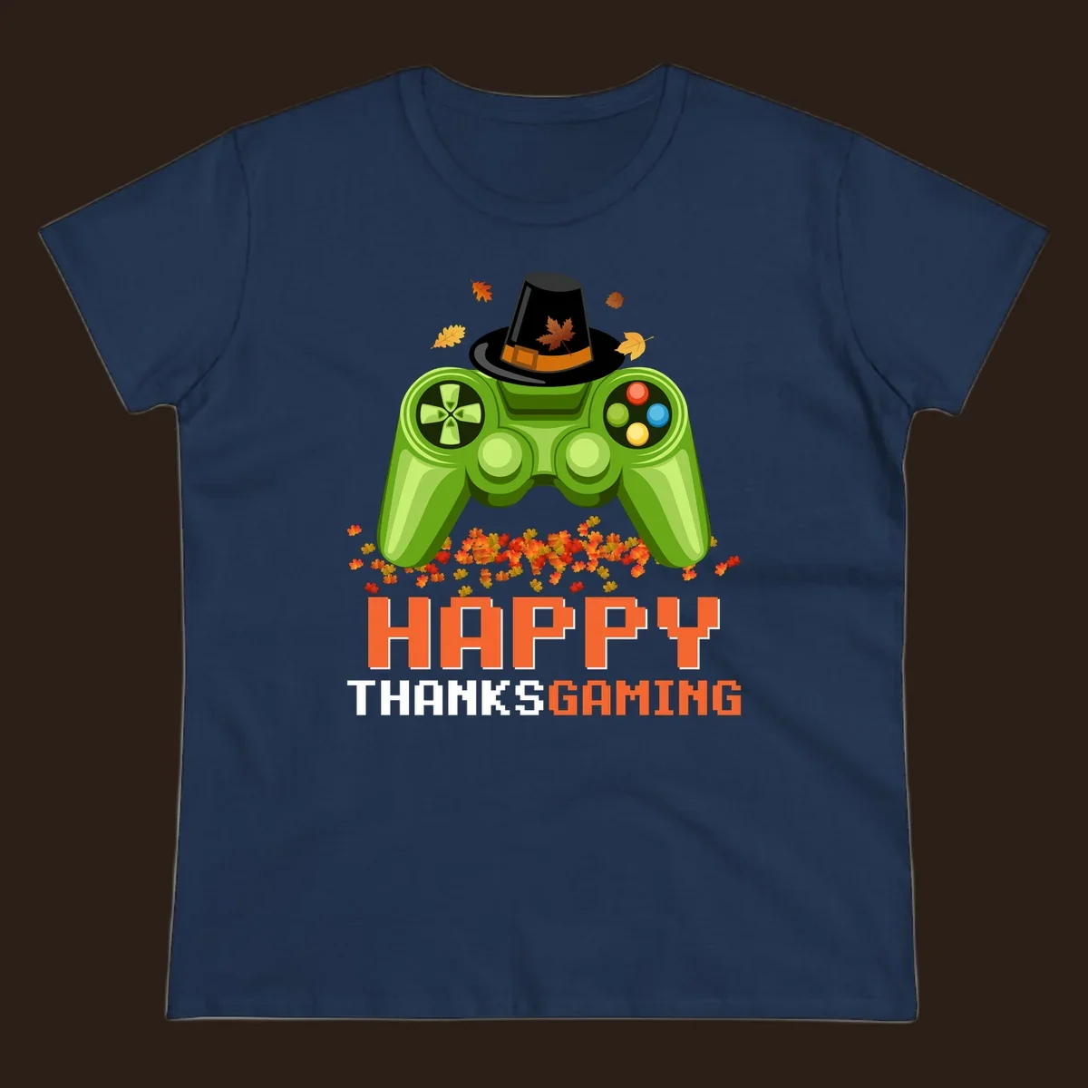 Happy Thanksgaming design with a video game controller, pilgrim hat, and fall leaves.