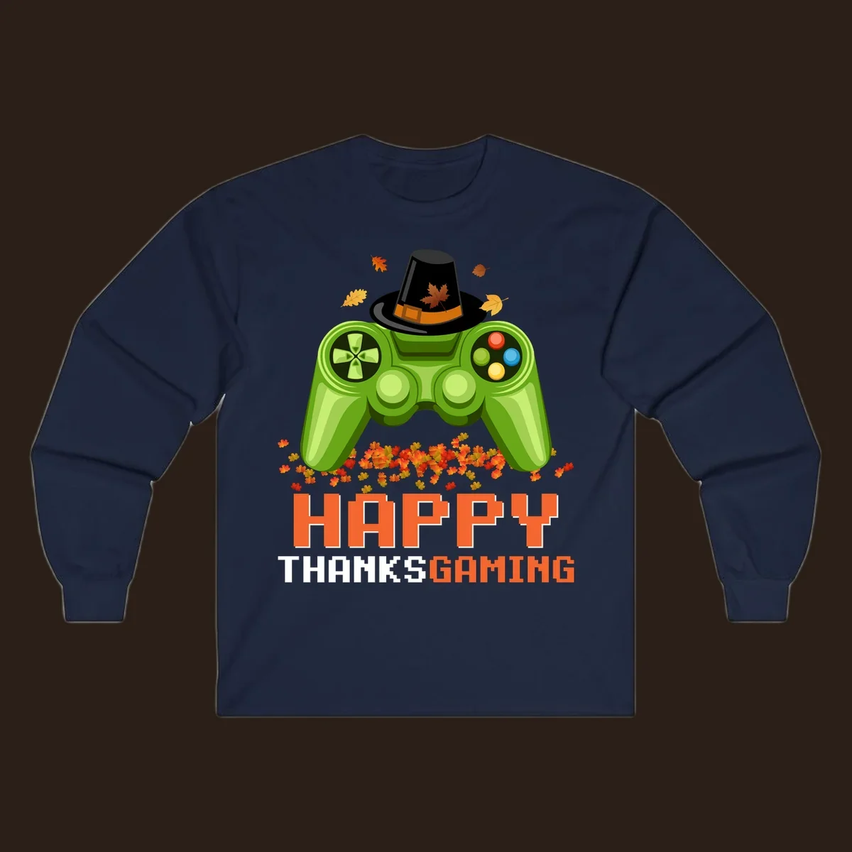 Happy Thanksgaming design with a video game controller, pilgrim hat, and fall leaves.
