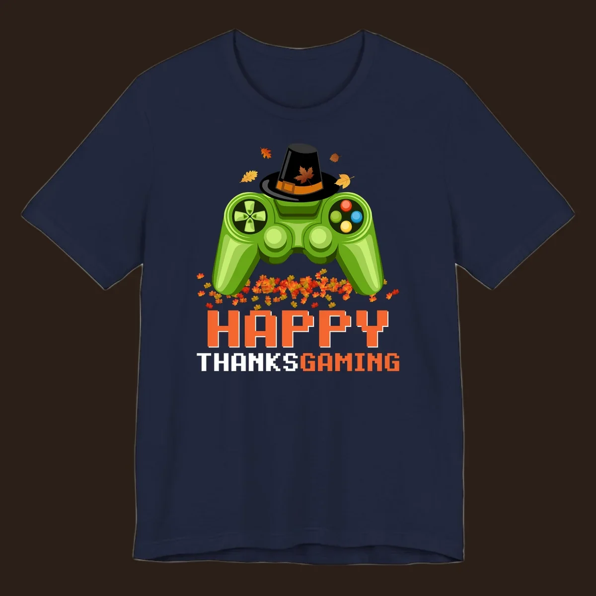 Happy Thanksgaming design with a video game controller, pilgrim hat, and fall leaves.