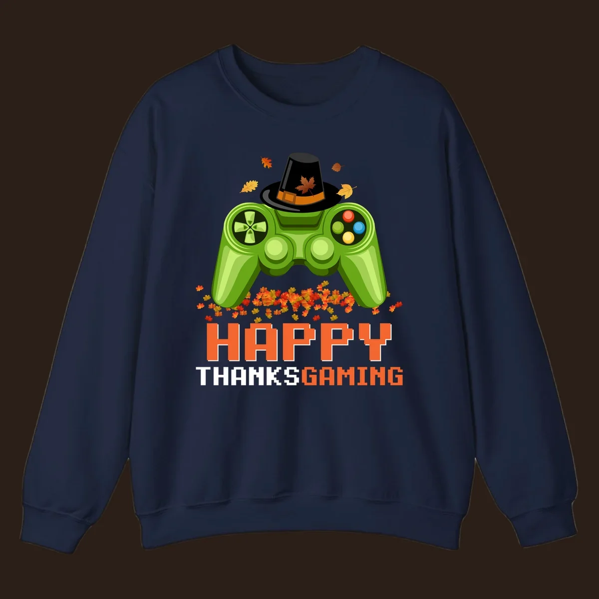 Happy Thanksgaming design with a video game controller, pilgrim hat, and fall leaves.
