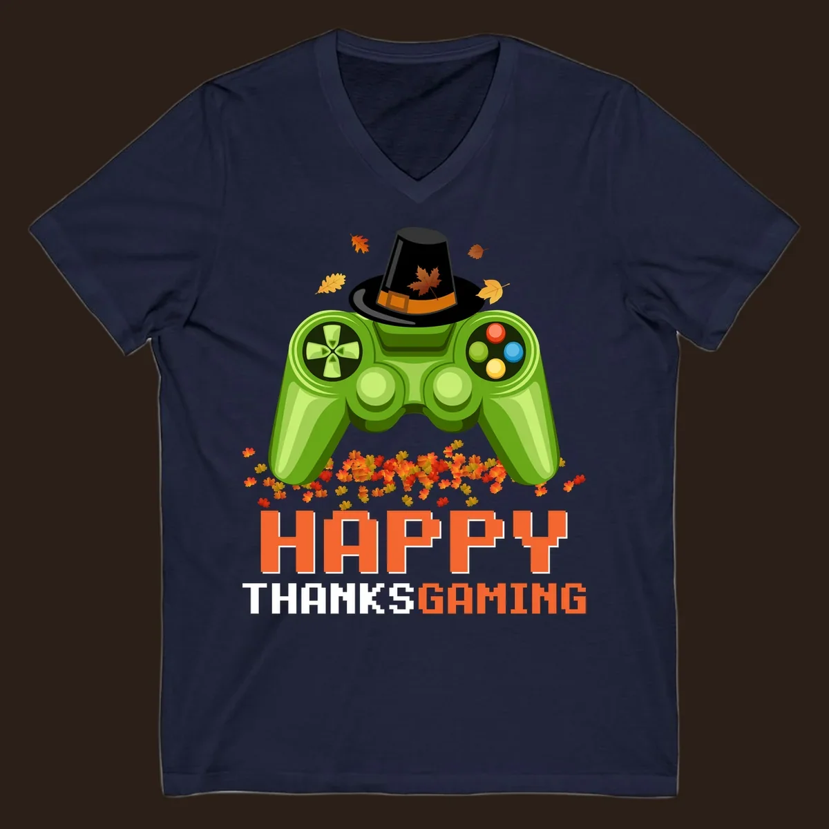 Happy Thanksgaming design with a video game controller, pilgrim hat, and fall leaves.